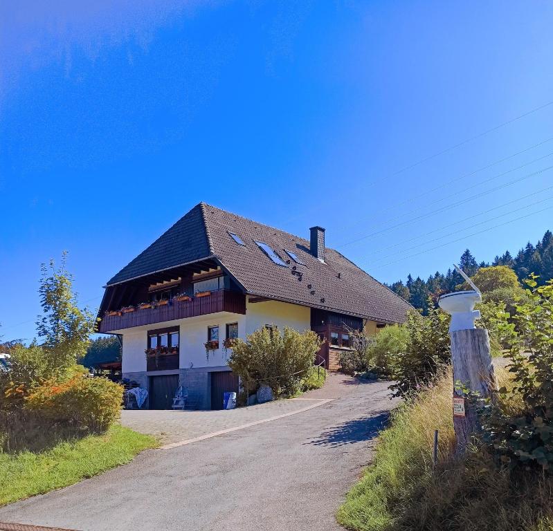 a large house with a roof on a road at Ferienwohnung Brentenholz in Sankt Georgen im Schwarzwald