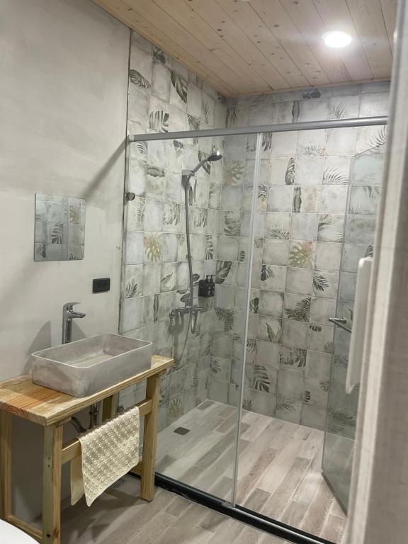 een badkamer met een douche en een wastafel bij 沐目家 Xiang Jia Homestay in Beipu