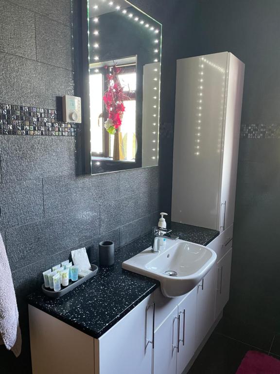 a bathroom with a sink and a mirror at Stunning double bedroom Greenwich London, in London