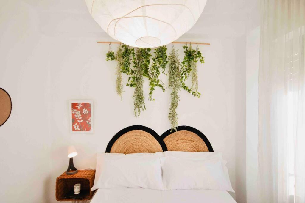 a bedroom with a bed with a plant hanging above it at LC Apartaments Av del Mar in Castellón de la Plana