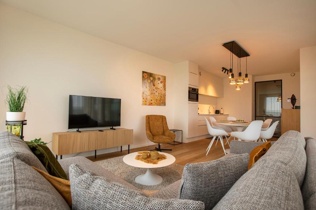 een woonkamer met een bank en een tv bij Modern en gezellig appartement vlak aan het strand in Blankenberge