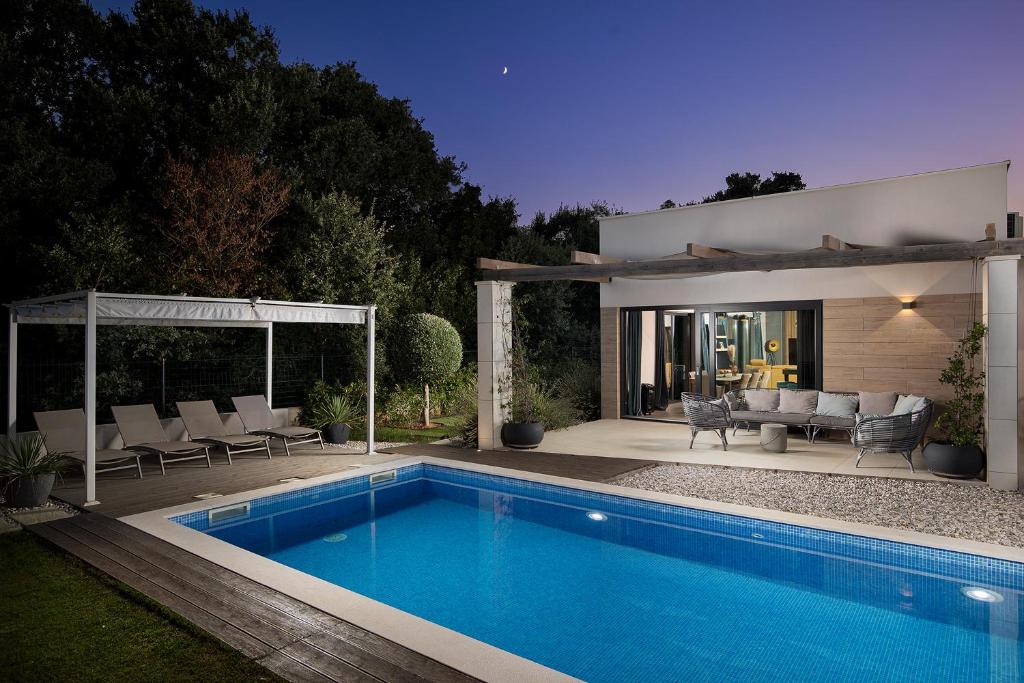 a swimming pool in front of a house at Luxury design Villa Maell with private pool and high level of privacy in Šišan