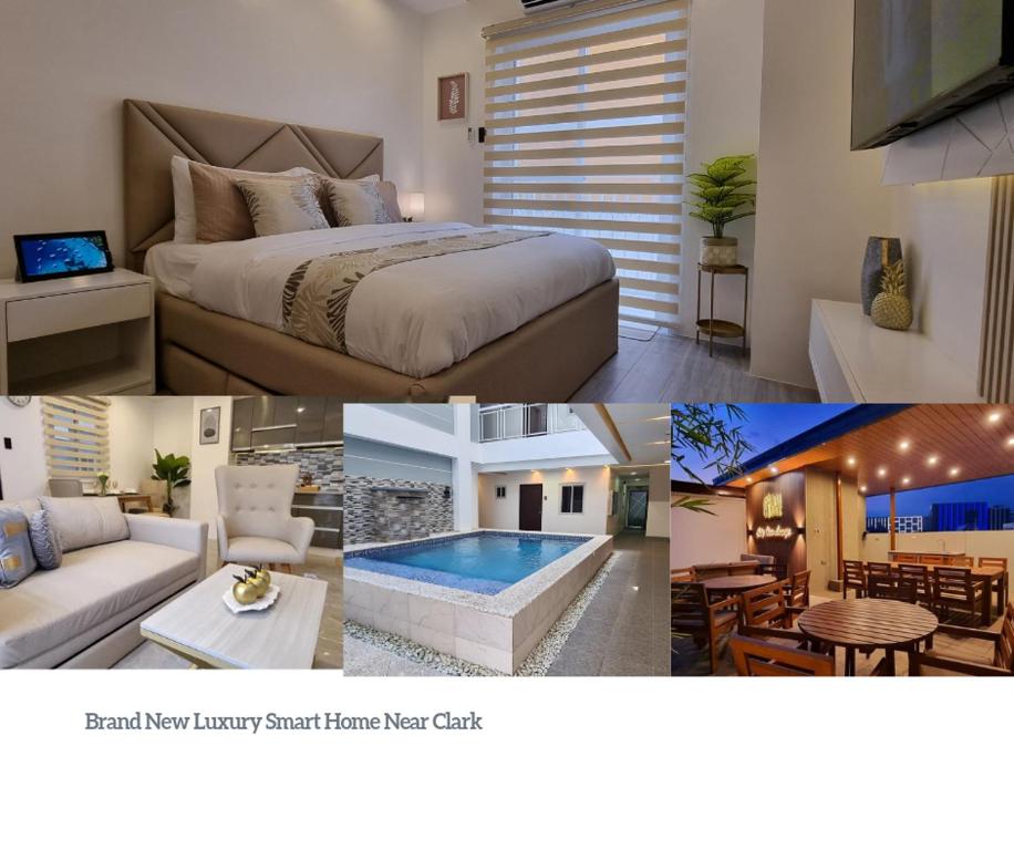 un collage de fotos de un dormitorio y una sala de estar en CozyNest - Modern 1 Bedroom Gem Luxury Smart Unit, en Ángeles