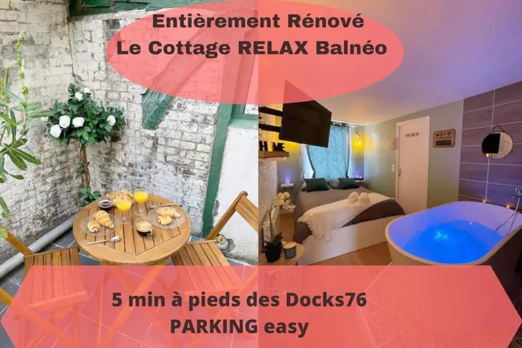 een collage van foto's van een hotelkamer met een bad bij Cottage Relax. in Rouen
