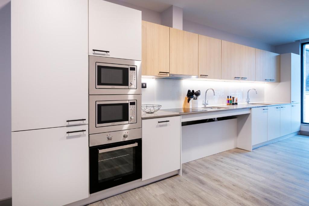 una cocina con electrodomésticos de acero inoxidable y armarios blancos en Coleman Court Summer Apartments en Cork