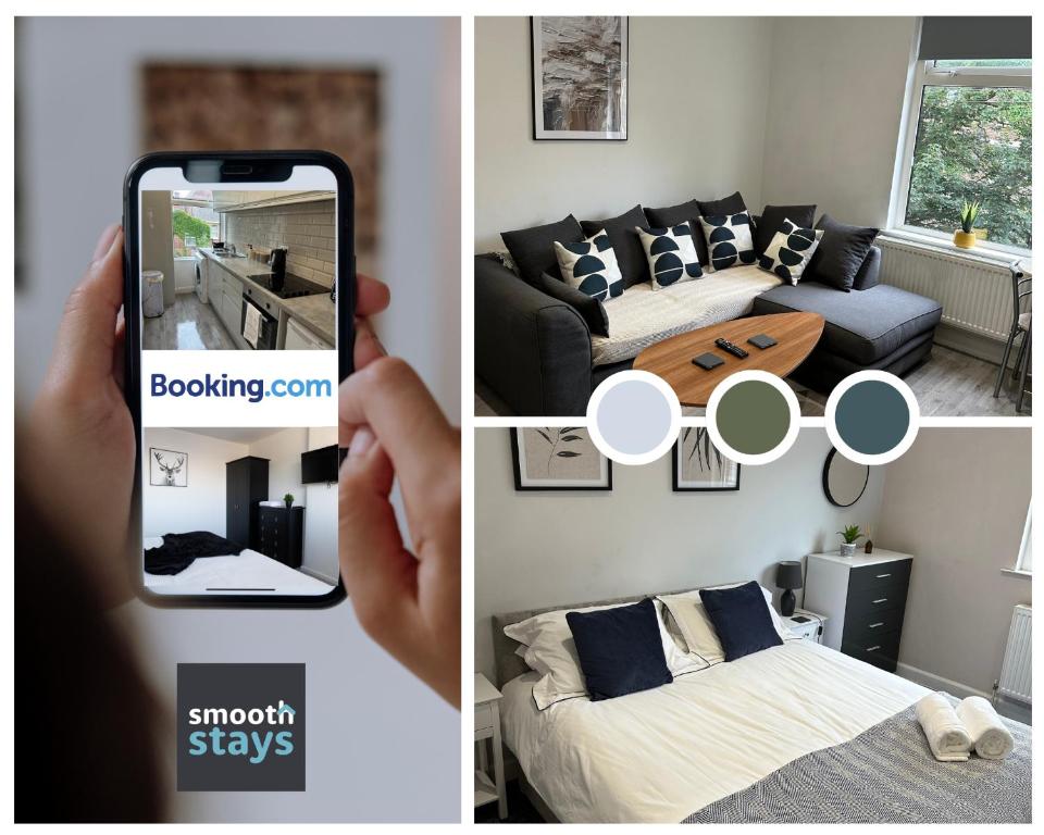 a collage of three pictures of a bedroom and a living room at Modern 2 Bed Apartment By Smooth Stays Short Lets & Serviced Accommodation Preston With Parking Near Train Station in Preston