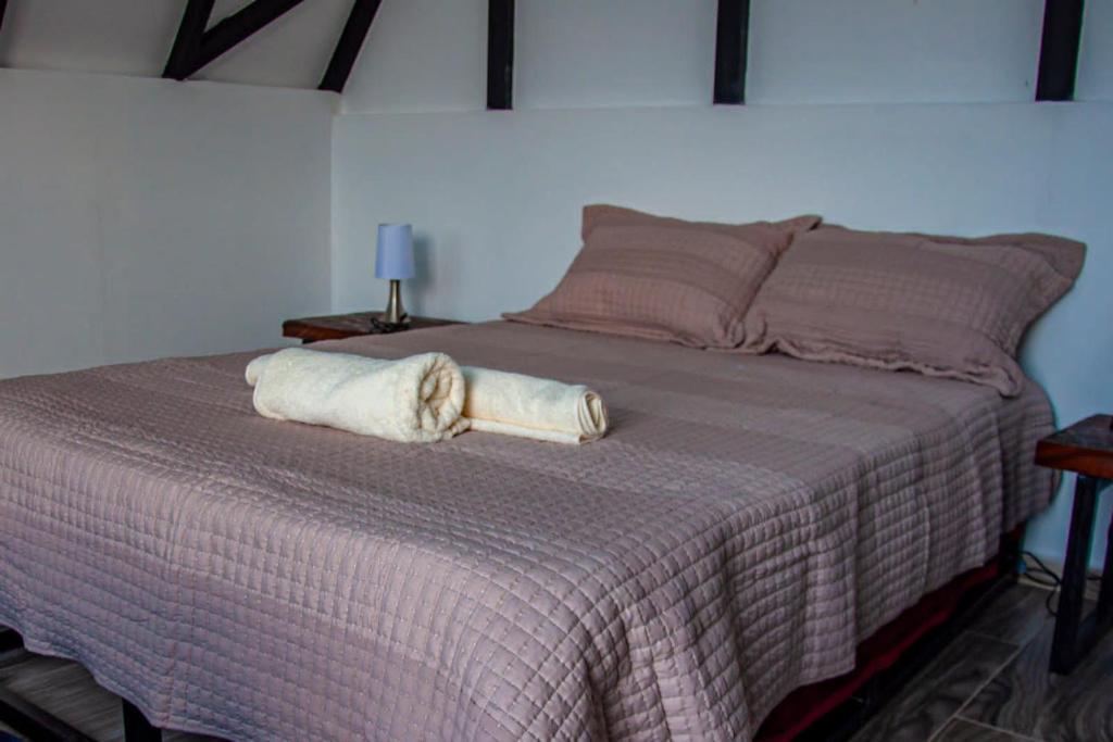 uma cama com duas almofadas num quarto em Hospedaje mirador la Floresta em Santuario