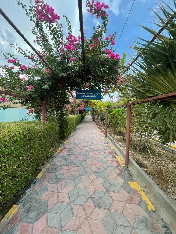 a walkway with pink flowers and a sign on it at Al Bayan Inn in Nizwa