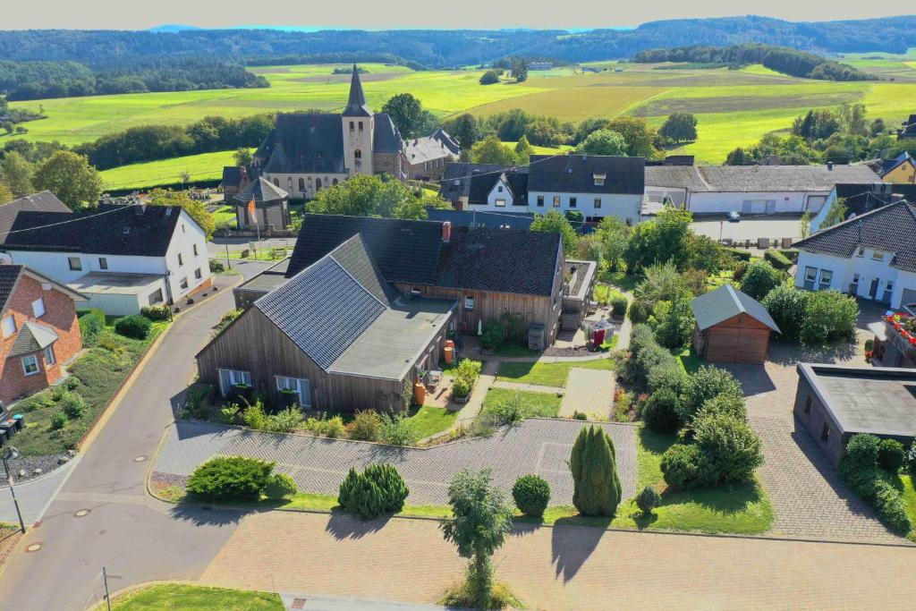 an aerial view of a small town with a church at Speedys Gästehaus in Baar