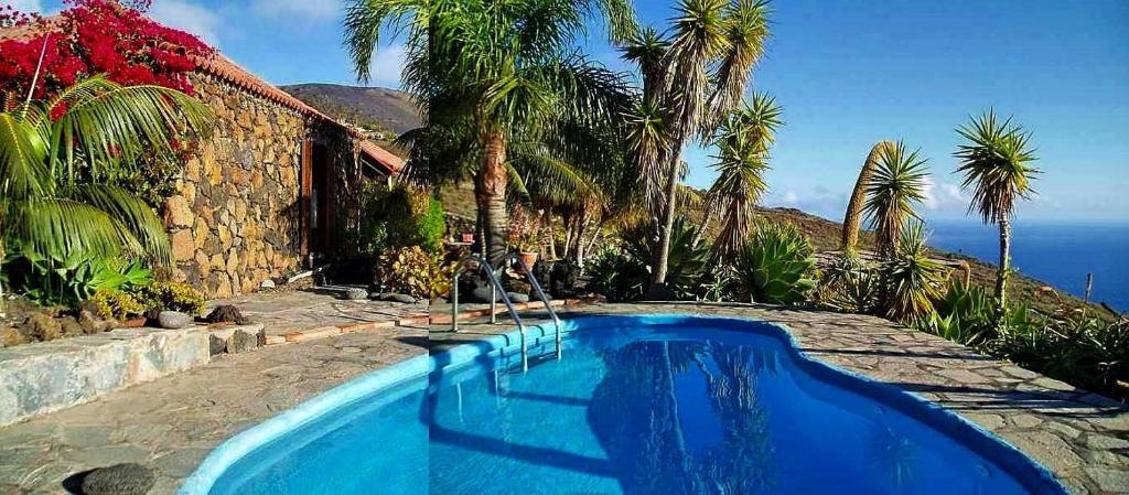uma piscina azul com palmeiras e o oceano em Finca del Sur em Las Indias