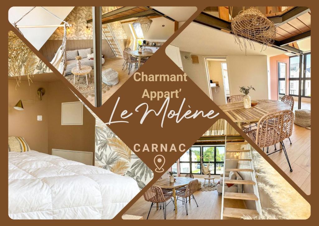 un collage de fotos de un dormitorio y una sala de estar en Les Voiles - Appart'hotel "Le Molène", en Carnac