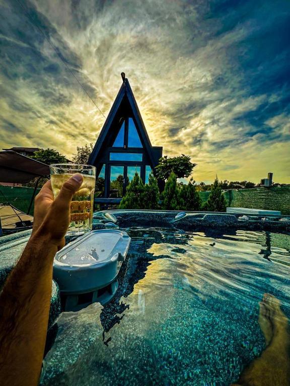 Breaza de SusAnna Chalet的在游泳池里喝一杯啤酒的人