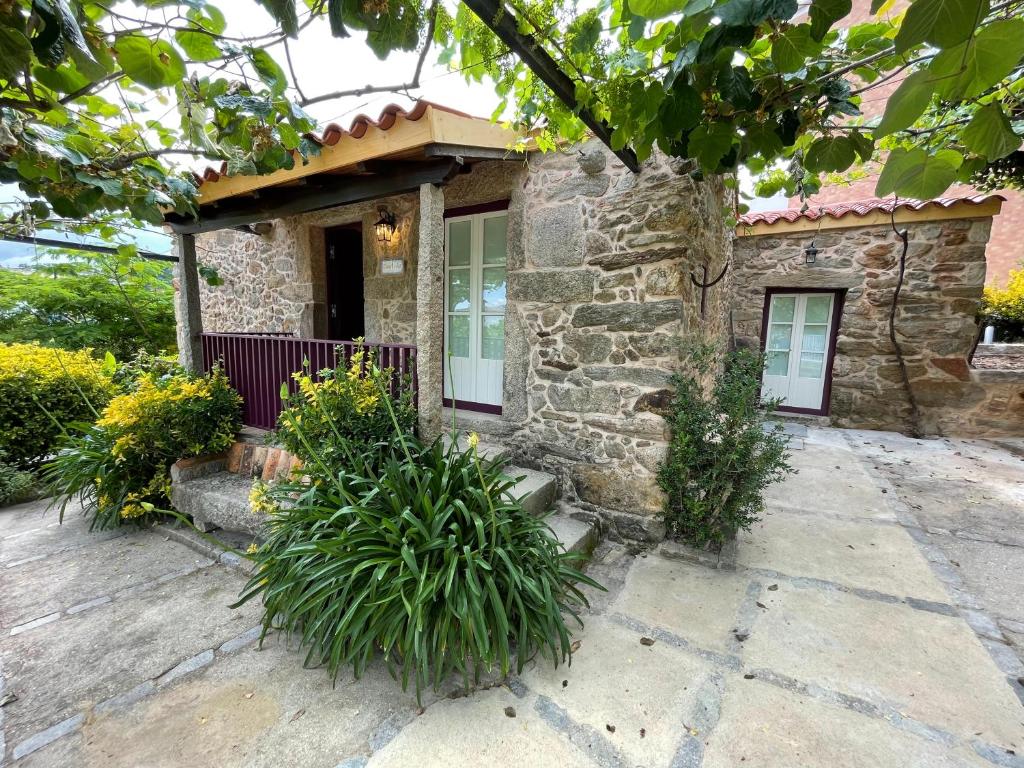 a stone house with a porch and some plants at Casa Velha-SantiagoFamilyHouse in Sever do Vouga