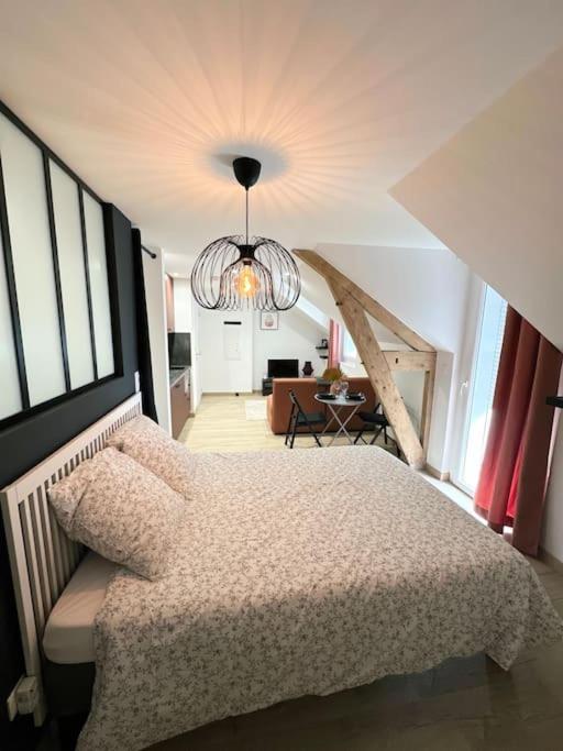 - une chambre avec un lit et un lustre dans l'établissement /Sacré studio/Parking privé/Wifi, à Rodez
