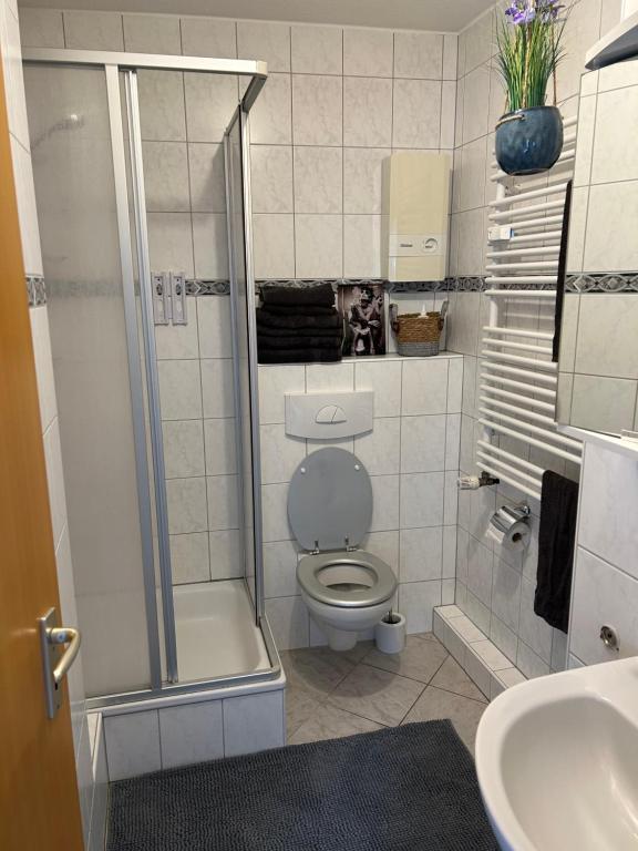 y baño con aseo, ducha y lavamanos. en TraumBude, en Mönchengladbach