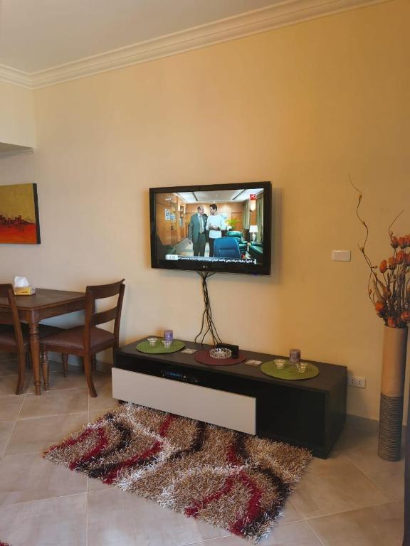 TV a/nebo společenská místnost v ubytování Porto Sokna Pyramids booking sea view apartment family only