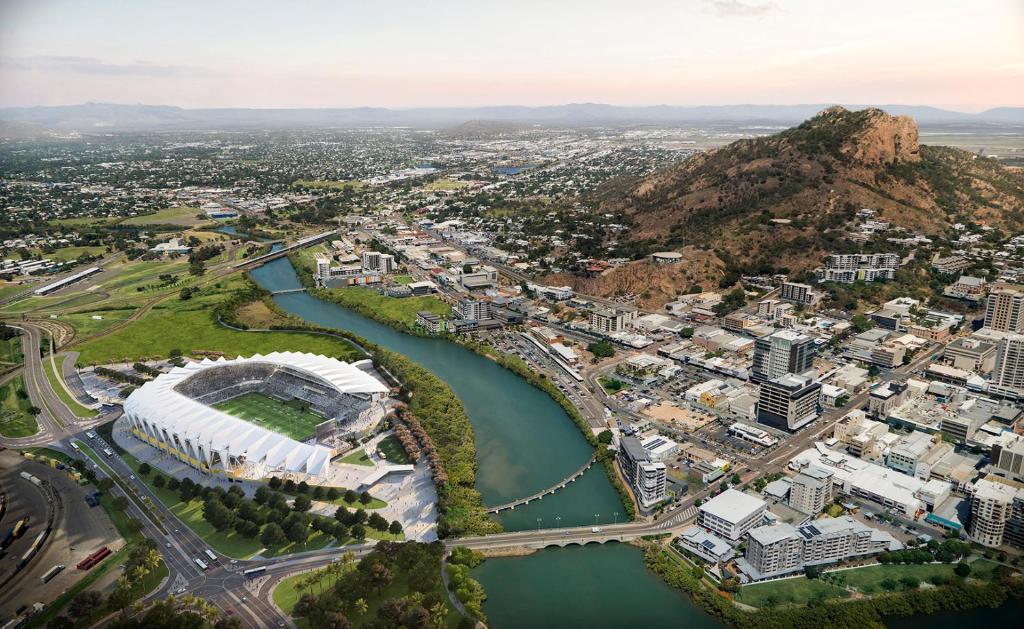 an aerial view of a city with a river at City Stadium 2 in Townsville