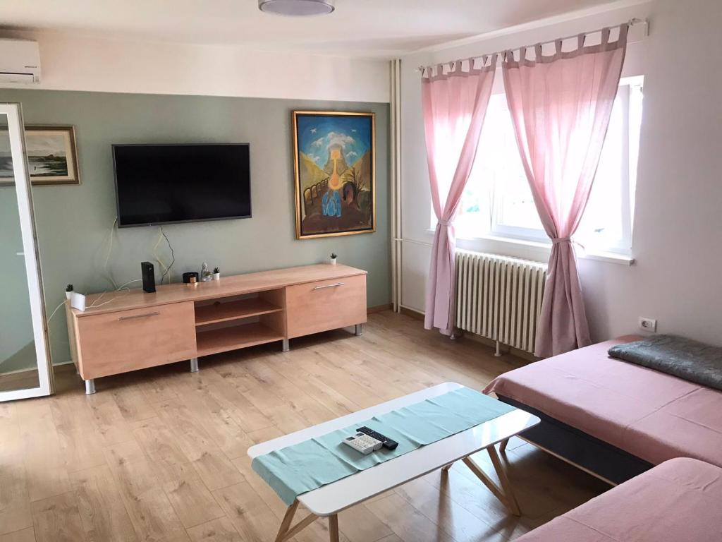 a living room with a flat screen tv and a couch at Apartman Luka in Slavonski Brod