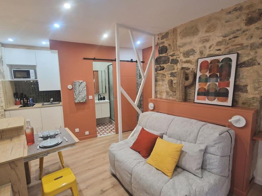 een woonkamer met een bank en een keuken bij Studio plein centre-ville 2 in Nîmes