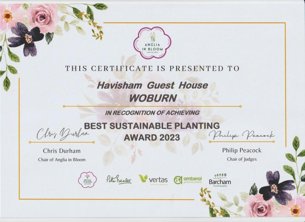 Certifikát, hodnocení, plakát nebo jiný dokument vystavený v ubytování Havisham House