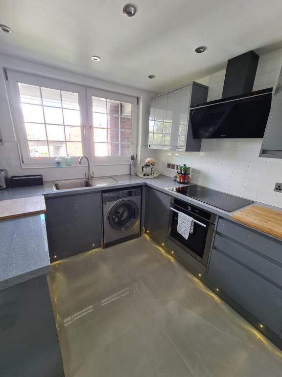 cocina con fregadero y lavadora en Luxury Apartment Limehouse en Londres