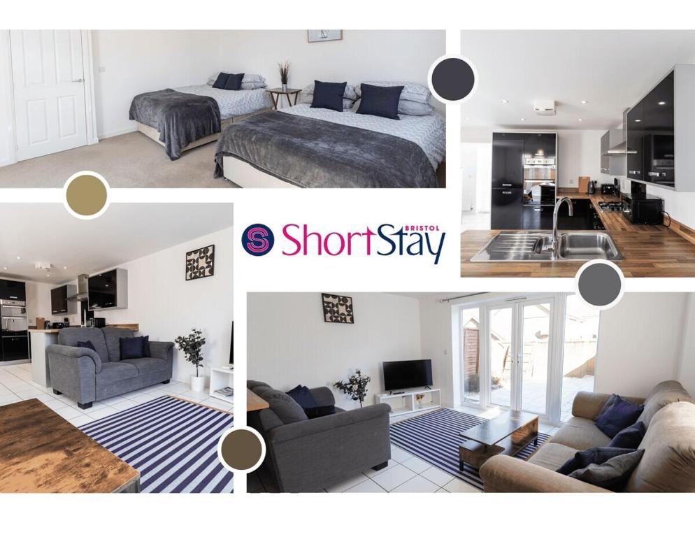 a collage of photos of a bedroom and a living room at April Disc - Long Stay - Contractors in Bristol