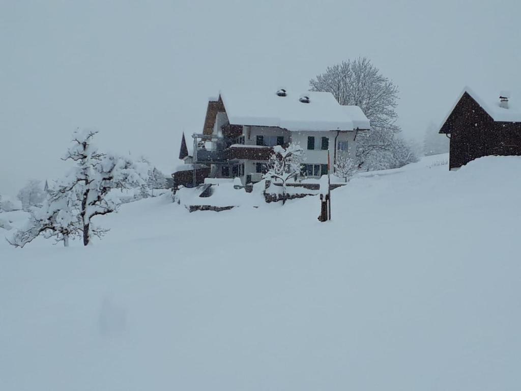 une maison sur une colline recouverte de neige dans l'établissement Haus Vallaster, à Sankt Gallenkirch