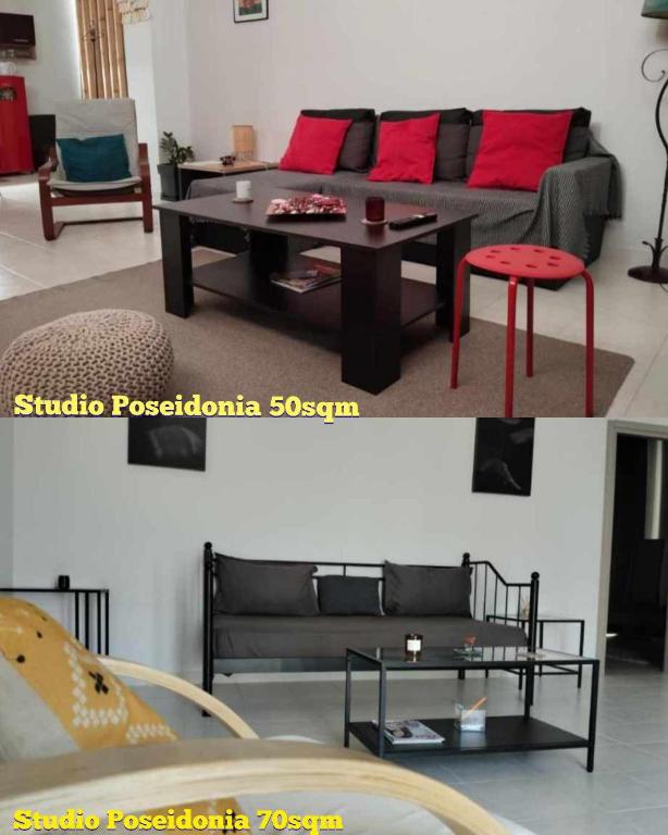 Posezení v ubytování STUDIOS POSEIDONIA apartments 50 & 70 sqm with sea view