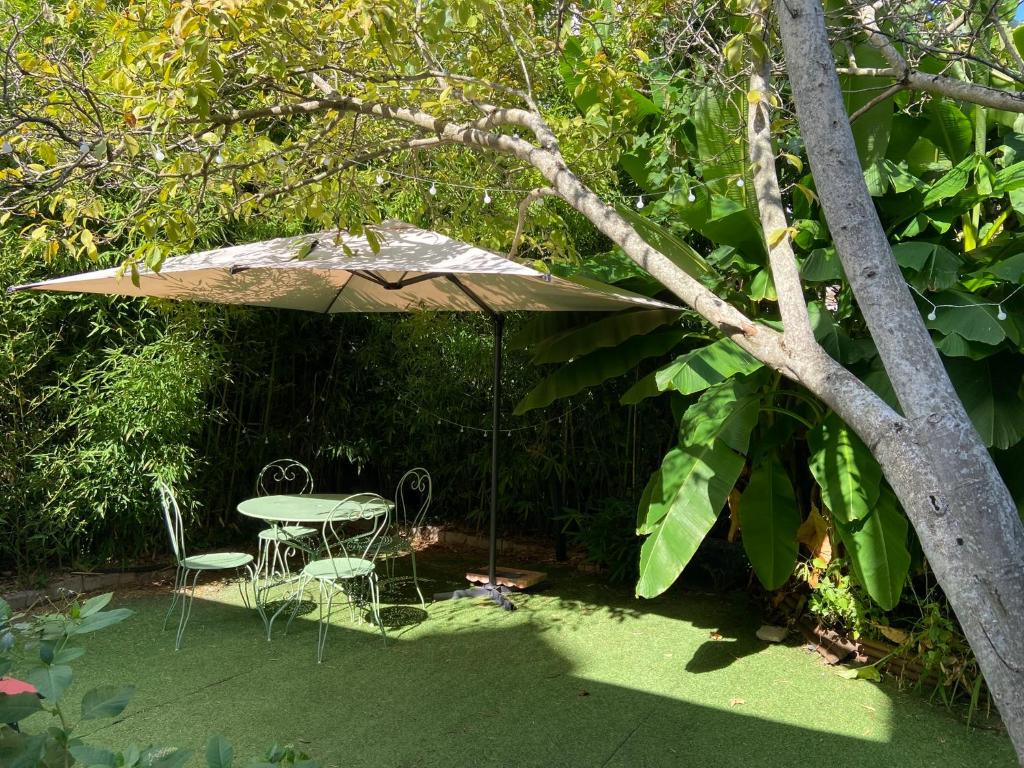 a table and chairs and an umbrella in a garden at Très bel appartement avec jardin reposant in Angers