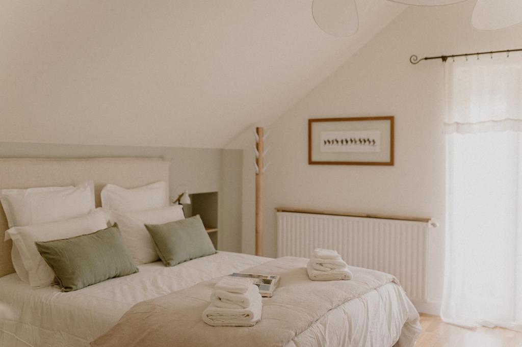 a bedroom with a large bed with towels on it at Chez Anne et Grégoire in Voglans