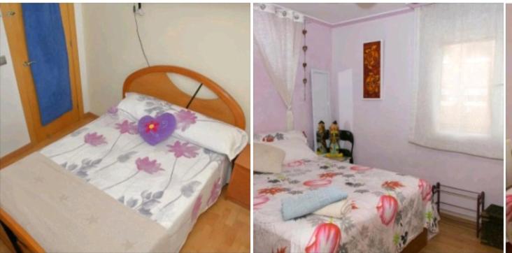 dos fotos de un dormitorio con una cama con flores en Habitación Maria Jose, en Benidorm