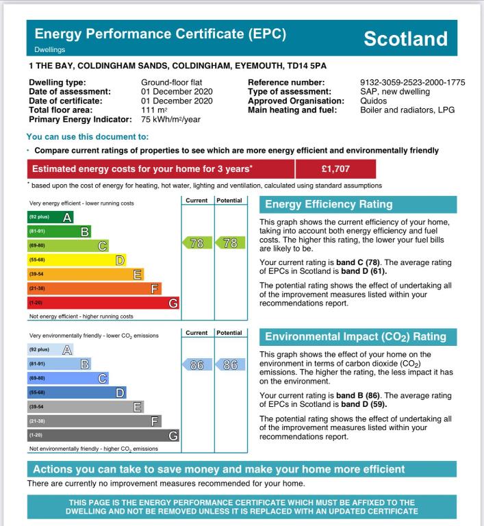a screenshot of the energy performance certificate efg screenshot at 1 The Bay - Stunning contemporary flat on the Scottish coast in Coldingham