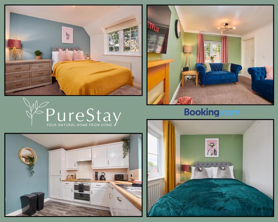 un collage di quattro foto di una camera da letto di Stunning 6-Bedroom House in Nantwich with Parking & Free Wi-Fi by PureStay Short Lets a Nantwich
