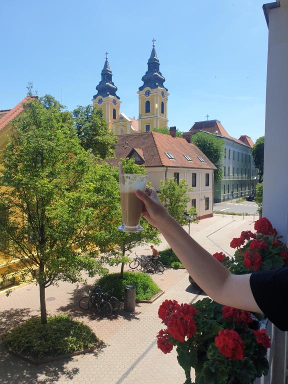 a person holding up a cup of coffee from a balcony at ANNA GYÖNGYE APARTMAN DEBRECEN in Debrecen