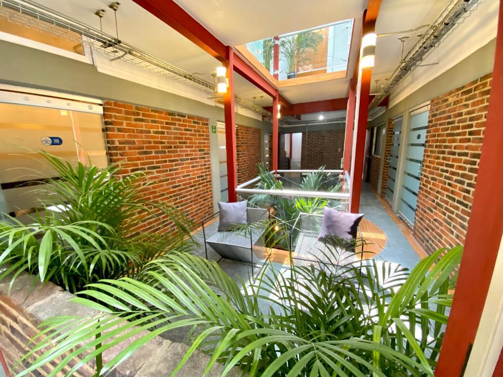 an indoor courtyard with plants in a building at ROOMIES HOSTEL Reforma-El ángel in Mexico City