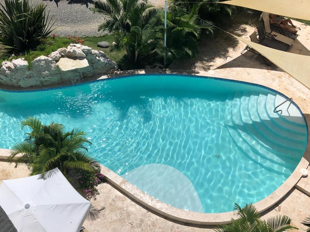 una vista aérea de una piscina azul con sombrilla en Almendra Residential, en Cabarete