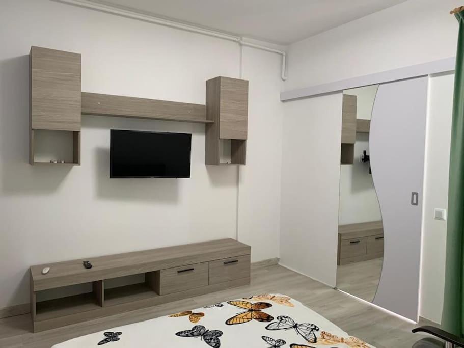 uma sala de estar com televisão e uma cama em Lovely 1-room apartment em Popeşti-Leordeni