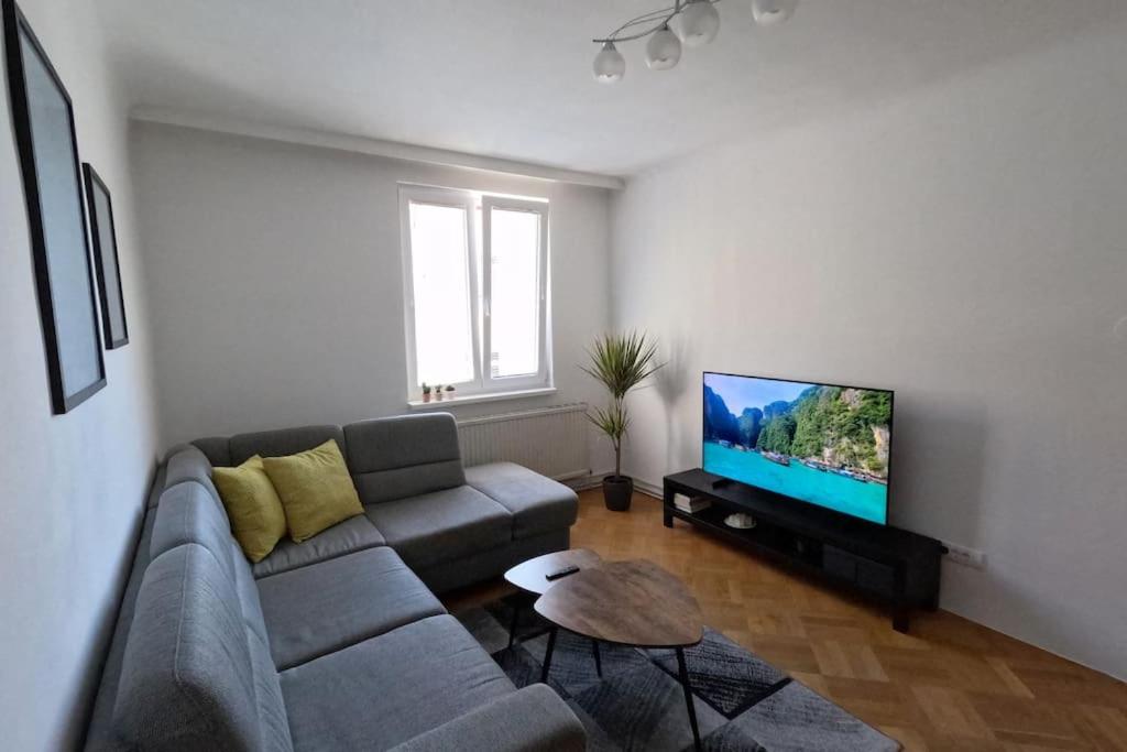 uma sala de estar com um sofá e uma televisão de ecrã plano em Vienna: Cozy 2-Room Apt. (U3 - Schweglerstrasse) em Viena