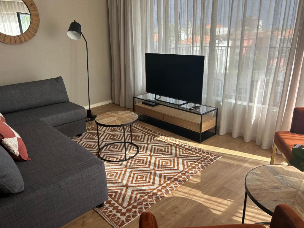 een woonkamer met een bank en een flatscreen-tv bij Leça Apartments in Leça da Palmeira