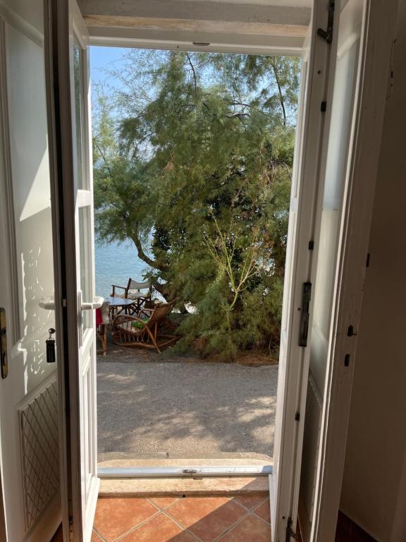 d'une porte ouverte sur une terrasse offrant une vue sur l'eau. dans l'établissement Casa Maja, à Koločep