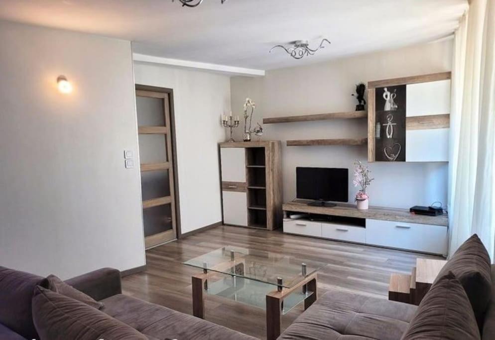 ein Wohnzimmer mit einem Sofa und einem Glastisch in der Unterkunft Appartement au pied du château in Montbéliard
