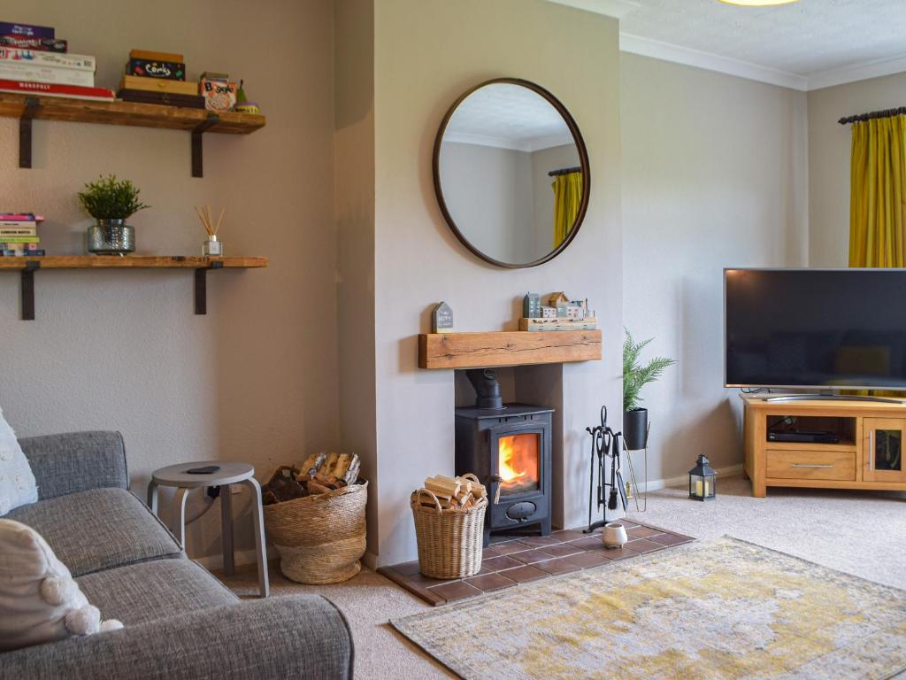 a living room with a fireplace and a tv at Maes Dyfed in St. Davids