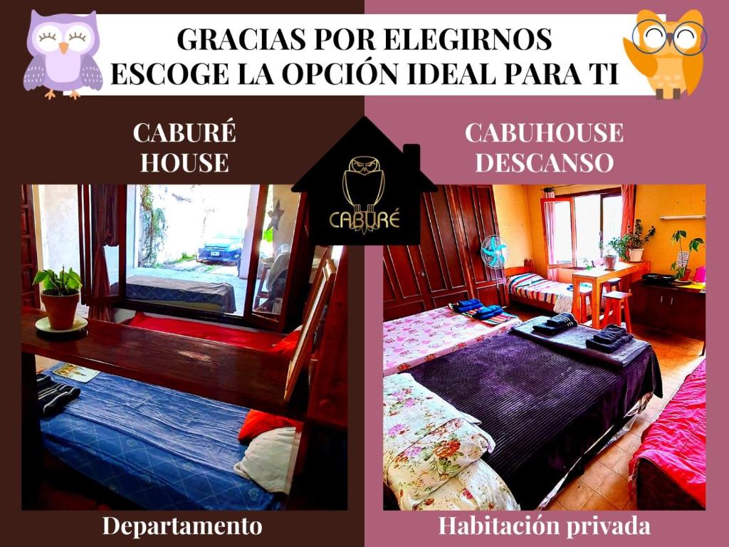 un collage de dos fotos de una habitación con cama en Caburé House en Salta