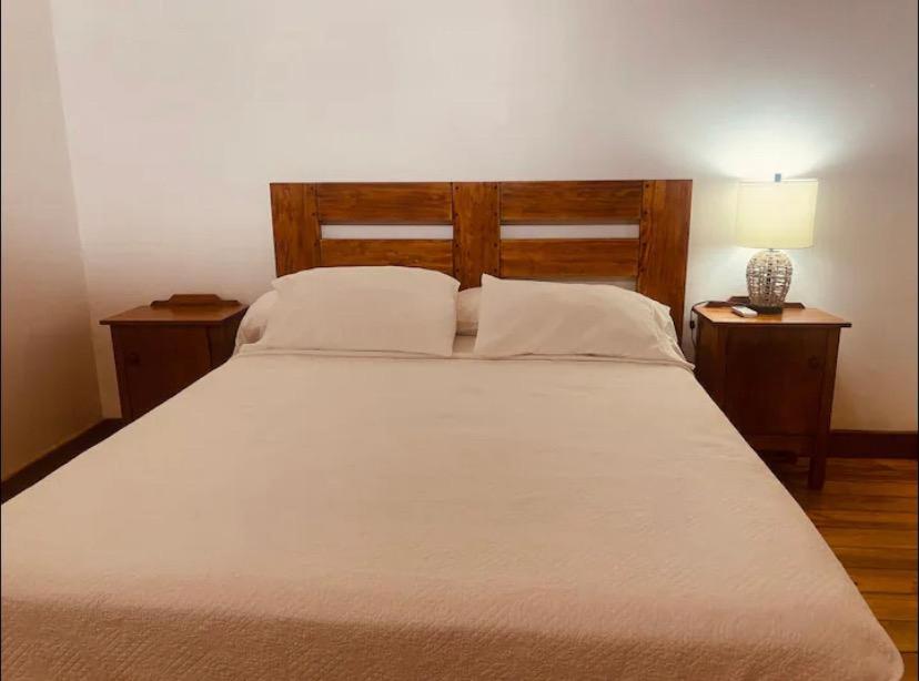 um quarto com uma cama com duas mesas e um candeeiro em Utila Water Sports Deluxe Apt em Útila