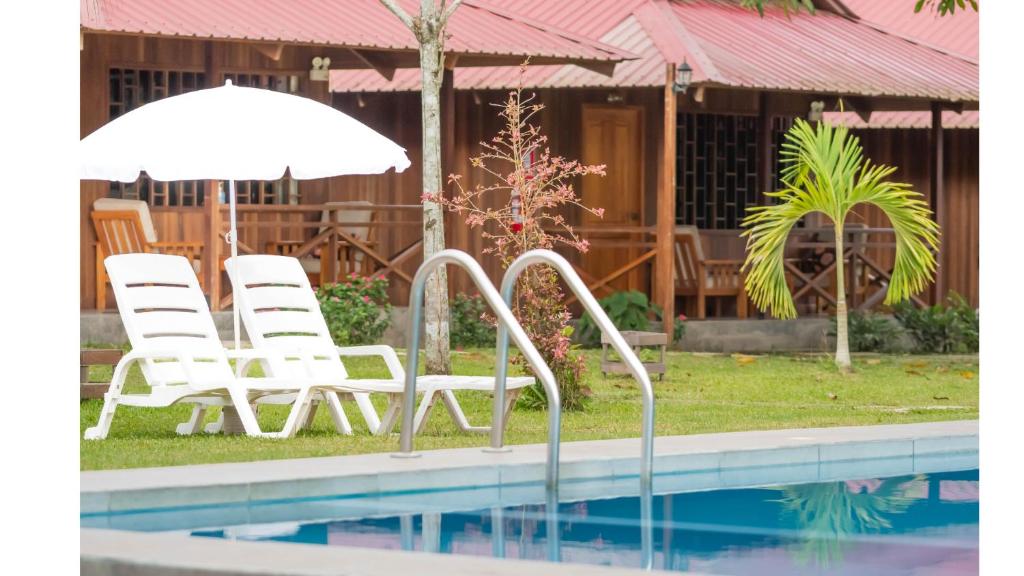 a group of chairs and an umbrella next to a pool at WAKAYA ECOLODGE in Pucallpa