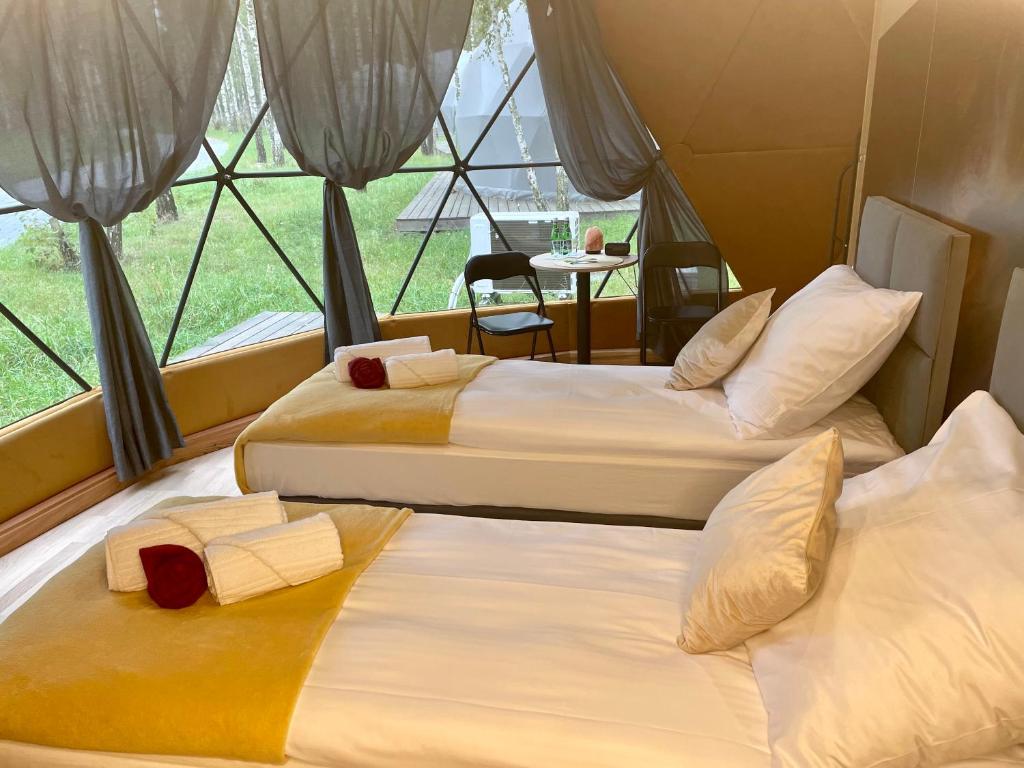 2 camas en una habitación con ventana en ENERGOSFERA - Innowacyjny Ośrodek Turystyki Edukacyjnej 