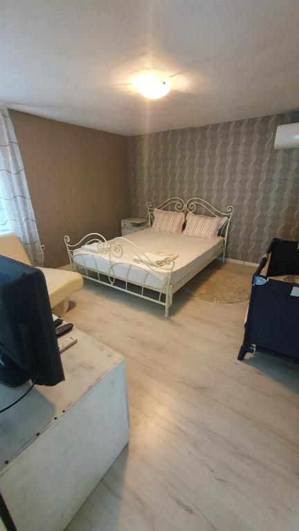 a bedroom with a bed and a desk with a tv at Guest rooms KRASI in Strazha