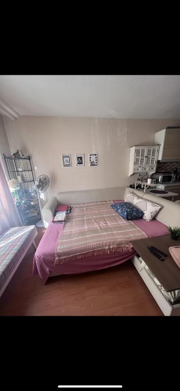ein Schlafzimmer mit einem großen Bett in einem Zimmer in der Unterkunft BAHCELIEVLER Grandbazaar,spicebazaartram 10 min,metrobus15min in Istanbul
