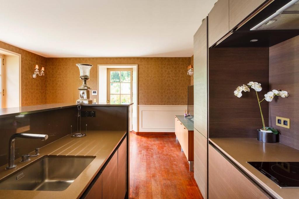 uma cozinha com um lavatório e uma bancada em Le Château d Hardricourt em Hardricourt