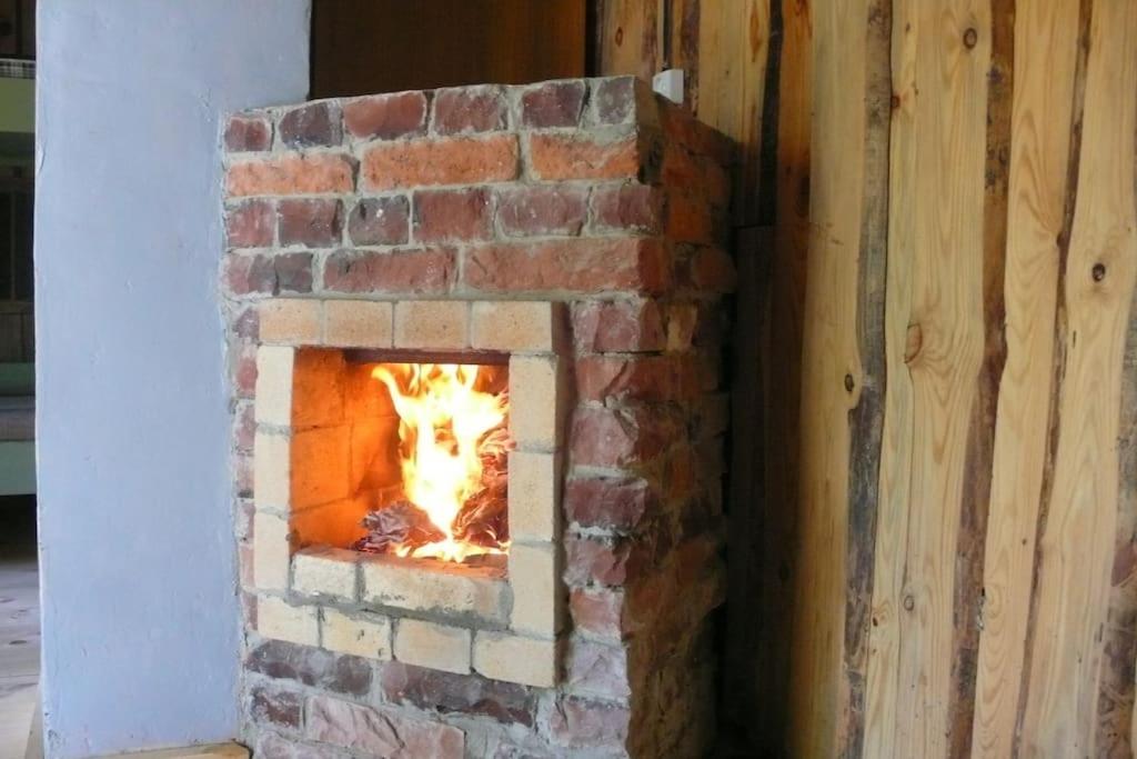 a brick oven with a dog inside of it at Tiny Cozy House in Pärispea